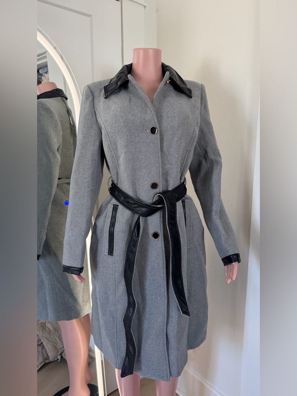 Classic Gray Women's Coat with Black Trim
